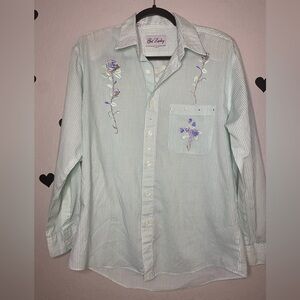 Get Lucky Embroidered Striped Button‑Down Shirt – Floral – Size M